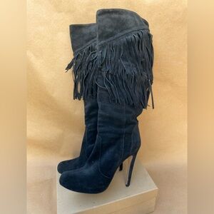 Charles David, Black Suede High Heel Fringe Boots, Size 9